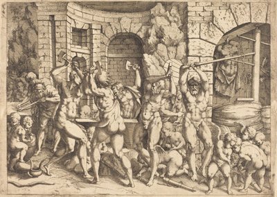 De Smidse van Vulcanus door Louis Elle I after Francesco Primaticcio
