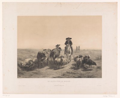 Boer en herder met koeien en schapen op weg naar de markt door Louis Emmanuel Soulange Teissier