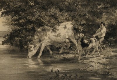 Jongen met koe en kalf bij rivier door Louis Emmanuel Soulange Tessier