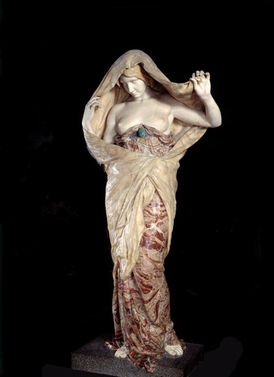 De natuur onthuld in de wetenschap Beeldhouwwerk van marmer en onyx door Louis Ernest Barrias. Parijs, Musée d