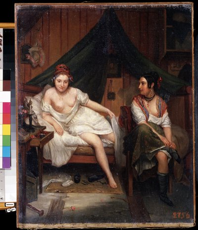 Portret van twee jonge vrouwen in negligé, ontwakend na een nacht van liefde door Louis Eugene ) Bertier
