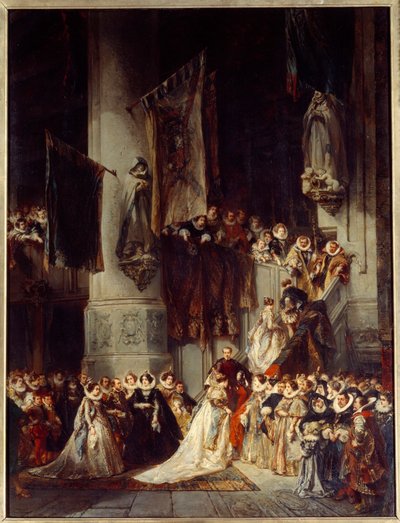 Een ceremonie in de kerk van Delft. Schilderij dat een bruiloft in Nederland in de 16e eeuw voorstelt door Louis Eugene Gabriel Isabey