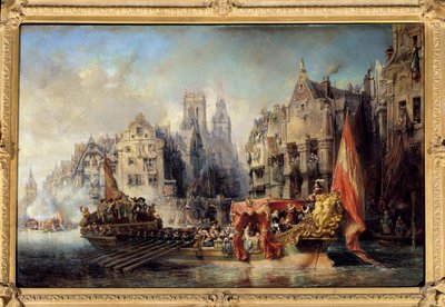 Aankomst van de hertog van Alba in Rotterdam in 1567. De schepen van Ferdinand Alvare de Toledo (of Fernando Alvarez de Toledo y Pimentel), hertog van Alba, gouverneur van Vlaanderen (1508-1582) in de stad door Louis Eugene Gabriel Isabey