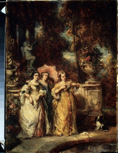 De wandeling. Drie jonge dames van goede komaf in een park. door Louis Eugene Gabriel Isabey