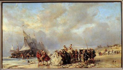 Heren op het strand van Scheveningen die vis kopen (18e eeuw). Schilderij door Louis Gabriel Eugene Isabey (1803-1886) door Louis Eugene Gabriel Isabey