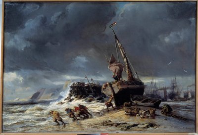 Laag tij, vertrek voor de visvangst Schilderij door Louis Eugene Isabey (1803-1886) 19e eeuw Le Havre, Musée des Beaux Arts door Louis Eugene Gabriel Isabey