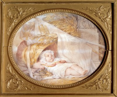Portret van de Koning van Rome als baby (1811-1832) in de helm van Mars Napoleon II, Hertog van Reichstadt, zoon van Keizer Napoleon I (1769-1821) als pasgeborene door Louis Eugene Gabriel Isabey
