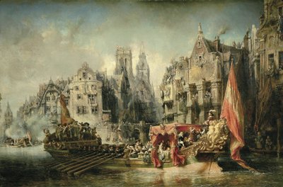 De aankomst van Ferdinand Alvare de Tolede (Fernando Alvarez de Toledo), hertog van Alba en gouverneur van de Nederlanden onder het bewind van Karel V, arriveerde in Rotterdam in 1567. Schilderij door Eugene Isabey (1803-1886). 1844. Parijs. Orsay Museum door Louis Eugene Gabriel Isabey