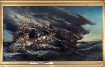 De brand van de stoomboot de Austria Scène schipbreuk van een schip de passagiers proberen te ontsnappen op de boten in de woeste zee. Schilderij door Eugene Isabey (1803-1886) door Louis Eugene Gabriel Isabey