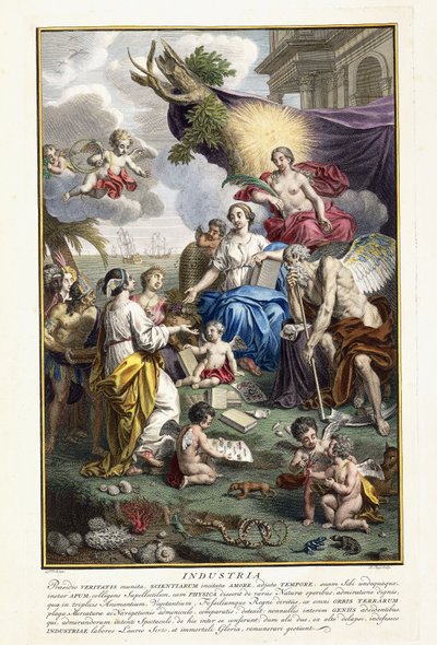 Industrie, frontispice uit "Locupletissimi Rerum Naturalium Thesauri Accurata Descriptio", 1734-1765 door Louis Fabricius Dubourg