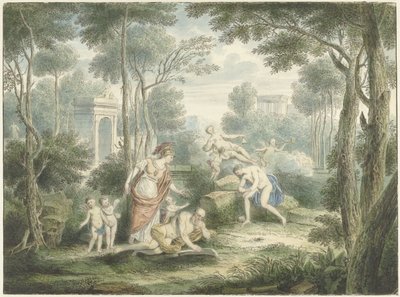 Arcadisch landschap met Athene die een oude man kroont en Venus en Adonis door Louis Fabritius Dubourg