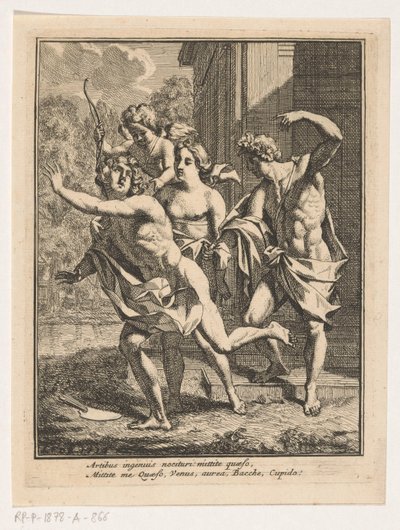Een jonge man vlucht voor Bacchus, Venus en Amor door Louis Fabritius Dubourg