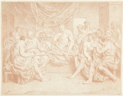 Oude man op bed omringd door personen door Louis Fabritius Dubourg