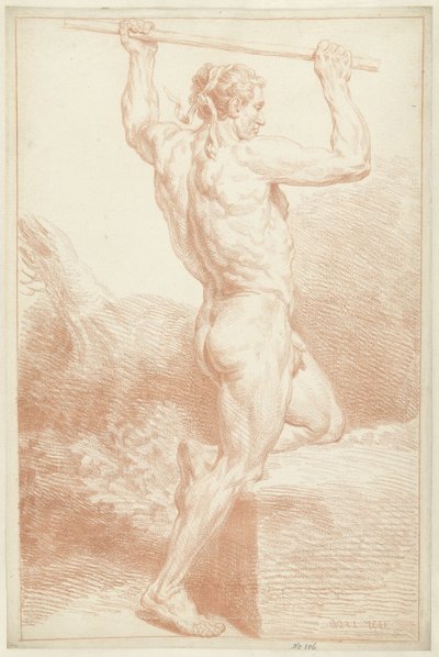 Studie van een mannelijk naakt, op één knie, met een stok boven het hoofd door Louis Fabritius Dubourg
