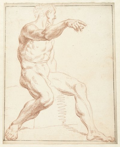 Studie van een zittend mannelijk naakt, wijzend met de rechterarm door Louis Fabritius Dubourg