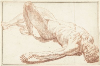 Studie van mannelijk naakt, liggend op de rug, met gestrekt been door Louis Fabritius Dubourg