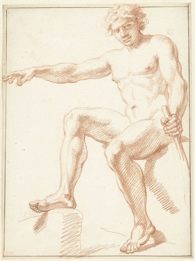 Studie van mannelijk naakt, zittend met gestrekte arm door Louis Fabritius Dubourg