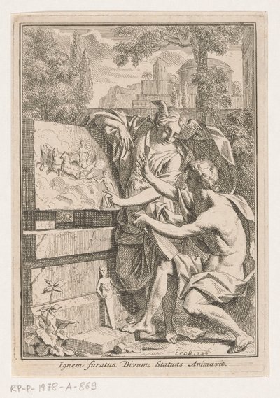 Vrouw met gevleugeld hoofd toont bas-reliëf aan jonge man door Louis Fabritius Dubourg