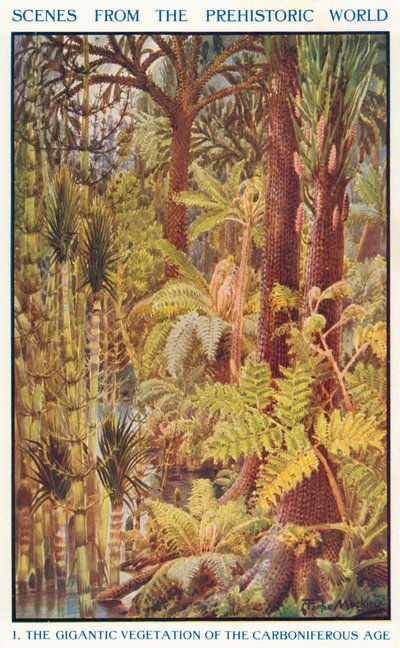 De gigantische vegetatie van het carboontijdperk (kleurenlitho) door Louis Fairfax Muckley