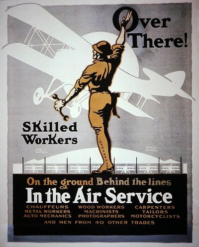 Vaardige Arbeiders Achter de Linies in de Luchtmacht, Eerste Wereldoorlog wervingsposter door Louis Fancher