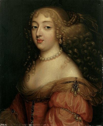 Portret van een dame, vermoedelijk Laura Mancini, hertogin van Mercoeur, buste lengte, in een rode jurk, met een parelketting en oorbellen door Louis Ferdinand Elle