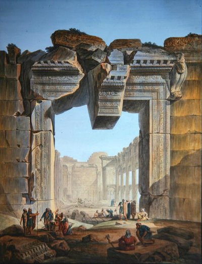 Hoofdingang van een tempel ten zuiden van de Tempel van de Zon in Baalbek, ca. 1800 door Louis Francois (after) Cassas