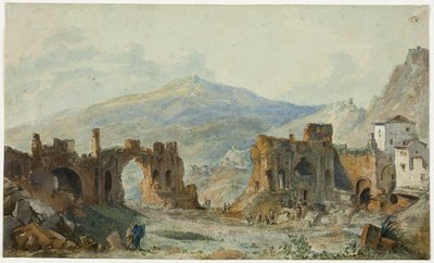 Het antieke theater in Taormina met uitzicht op de Etna, studie voor Saint Non