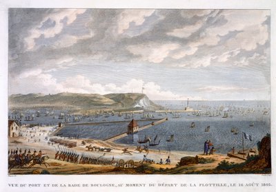 Uitzicht op de Haven en de Rede van Boulogne bij het Vertrek van de Vloot, 16 augustus 1803 door Louis Francois Couche