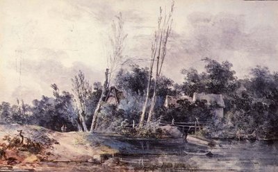 Huisjes en wilg bij een beek met figuren door Louis Gabriel Moreau