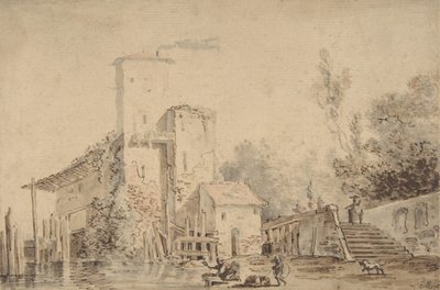Boerderij bij een Rivier met Figuren, 1765 door Louis Gabriel Moreau