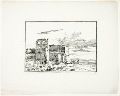 Verwoeste gebouwen bij een rivieroever, plaat 9 uit Quatrieme suite de paysages dessinés et grave a l