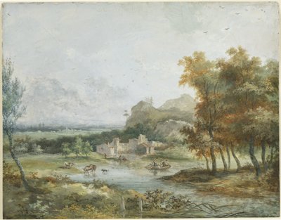 Italiaans Landschap met een Boottocht door Louis Gabriel Moreau the Elder