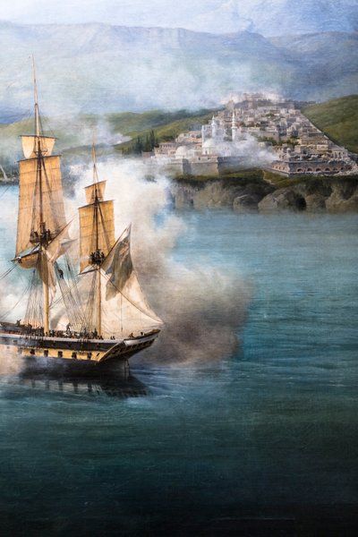 De Slag bij Navarin; uitzicht vanaf de zuidpunt van het eiland Sphacteria door Louis Garneray