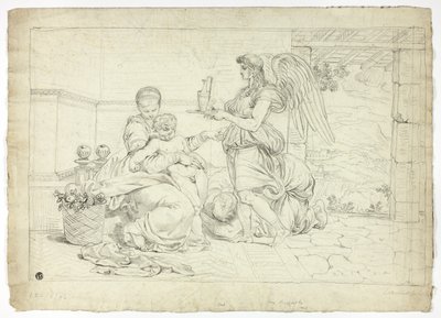 Heilige familie met engel die een waterkan draagt (recto); rechterhelft van schets voor Lunette (verso) door Louis Gauffier