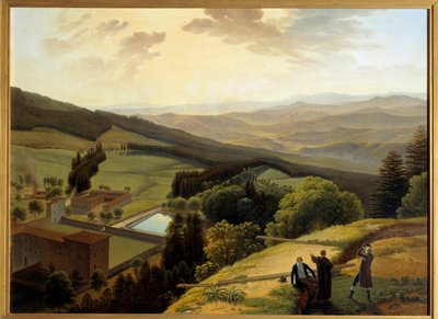 De vallei van de Arno gezien vanaf het klooster van Vallombrosa, nabij de "Paradisino" door Louis Gauffier