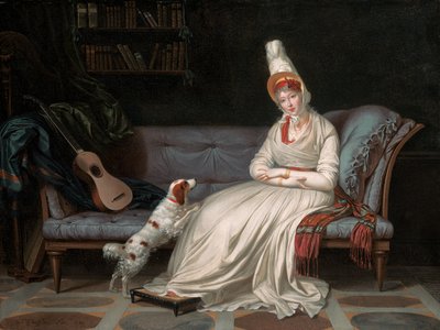 Portret van Elizabeth, Lady Webster, later Lady Holland, in een witte jurk met haar spaniël Pierrot, ca. 1795 door Louis Gauffier