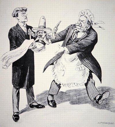 Amerikaanse cartoon die toont hoe president Tuft het problematische "Mexicaanse situatie" overdraagt aan zijn opvolger Woodrow Wilson in 1913 door Louis Glackens