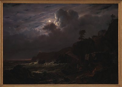 Uitzicht op Kullen in Zweden. Smokkelaars verbergen hun goederen tussen de rotsen. Maanlicht door Louis Gurlitt