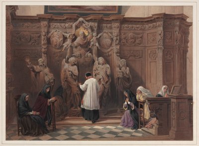 Biechtstoel, Kerk van St. Paul, Antwerpen, 1838 door Louis Haghe