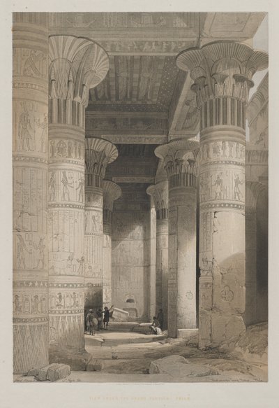Egypte en Nubië, Deel I: Uitzicht onder het grote portiek van de tempel, Philae, 1846 door Louis Haghe