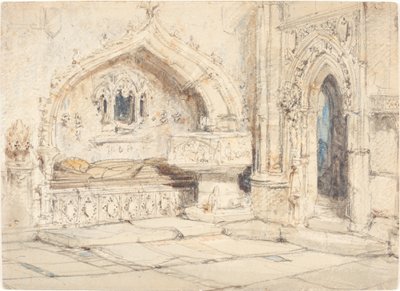 Interieur van een kerk met een muurgraf en middeleeuwse doopvont door Louis Haghe
