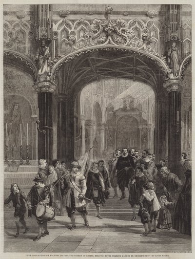 De Corporatie van Boogschutters verlaat de Kerk van Lierre, België, na het Horen van de Mis op Sint-Jorisdag door Louis Haghe
