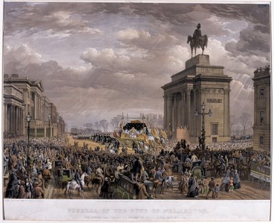 De begrafeniswagen van de hertog van Wellington (1769-1852) passeert de boog bij Apsley House op 18 november 1852, 1853 door Louis Haghe