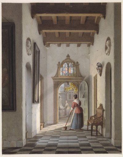 Meid die de gang van een huis veegt door Louis Henri de Fontenay