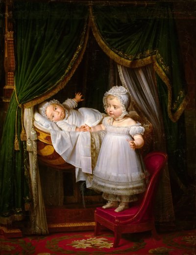 Henri van Artois, Graaf van Chambord, hertog van Bordeaux in zijn wieg met zijn zus Louise Marie Thérèse door Louise Marie Jeanne Hersent