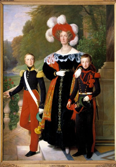 Koningin Marie-Amelie en twee van haar zonen, de hertog van Aumale in uniform als soldaat van de lichte infanterie en de hertog van Montpensier in kanonniersuniform, voor een uitzicht op het park van het kasteel van Neuilly circa 1833 door Louis Hersent