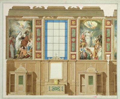 Detail van een van de kapellen onder de zijbeuken, uit het project om de kerk van Notre Dame de Lorette te versieren, 1855 kleuren litho door Louis Hippolyte Lebas