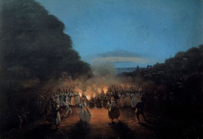 De Bamboula danst eens bamboe (of stokken) in de West-Indische Eilanden. Zwarte slaven dansscène in het licht van fakkels door Louis Honore Gamain