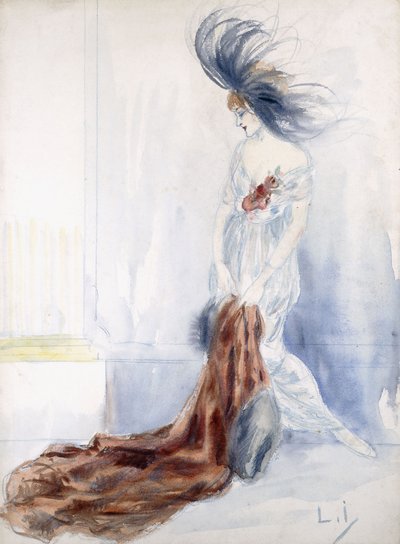 Elegante Dame met Gevederde Hoed en Bontjas door Louis Icart