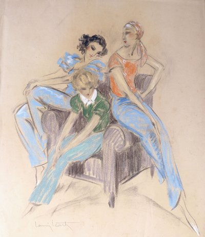 Drie meisjes zittend op een fauteuil door Louis Icart
